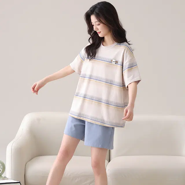 俏佳人 透气套头舒适休闲纯棉慵懒短袖家居服柔软亲肤睡衣套装 女款