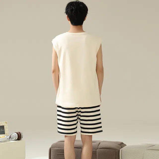 俏佳人 柔软休闲亲肤可外穿套头背心短裤慵懒宽松家居服睡衣套装 男款