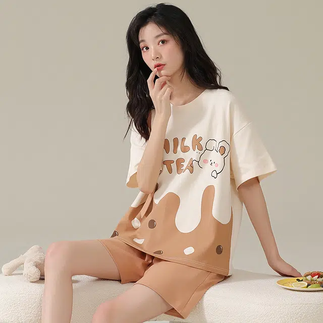 俏佳人 卡通柔软亲肤休闲可外穿套头短袖慵懒家居服睡衣套装 女款