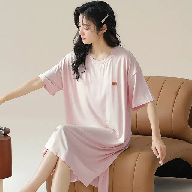 俏佳人 带胸垫垂感柔软亲肤透气短袖纯色休闲家居服睡裙 女款