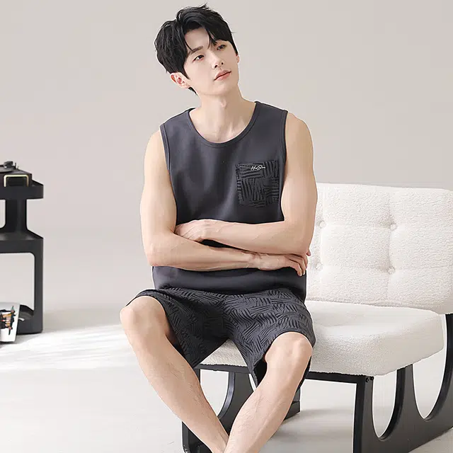 俏佳人 纯棉舒适透气慵懒无袖休闲背心家居服睡衣套装 男款