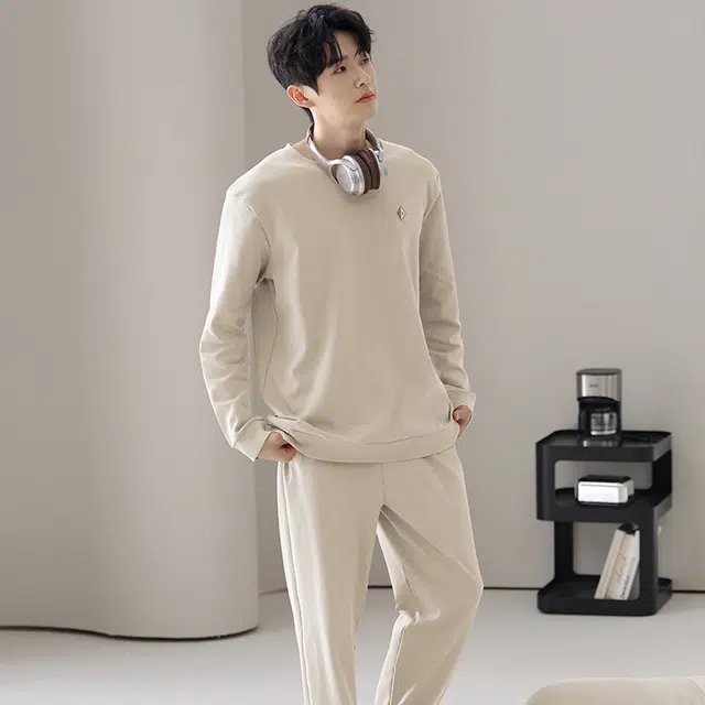 俏佳人 纯棉圆领套头简约休闲宽松柔软舒适可外穿长袖长裤家居服睡衣套装 男款