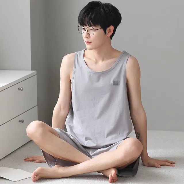 俏佳人 纯色柔软亲肤韩版基础休闲慵懒家居服睡衣套装 男款