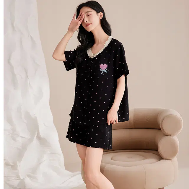 俏佳人 简约甜美舒适开衫透气亲肤短袖家居服睡衣套装 女款