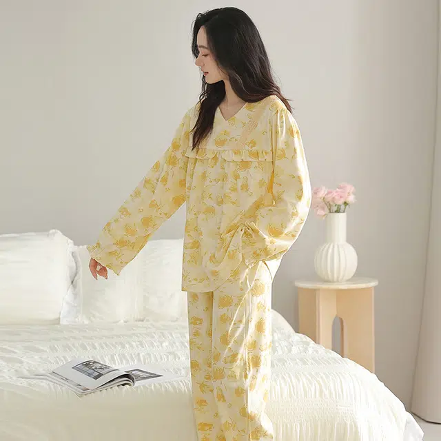 俏佳人 纯棉套头圆领公主风宽松休闲家居服花卉图案柔软亲肤舒适透气长袖长裤睡衣套装 女款