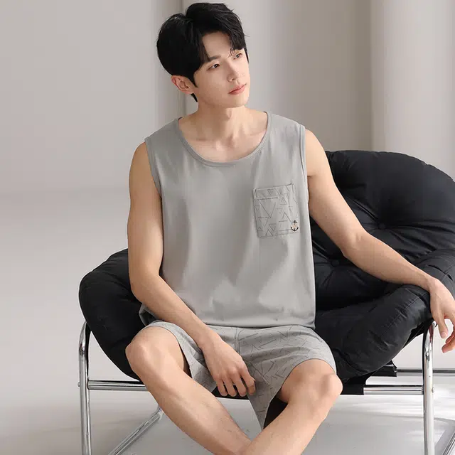俏佳人 纯棉舒适透气休闲慵懒风简约套头可外穿背心家居服睡衣套装 男款