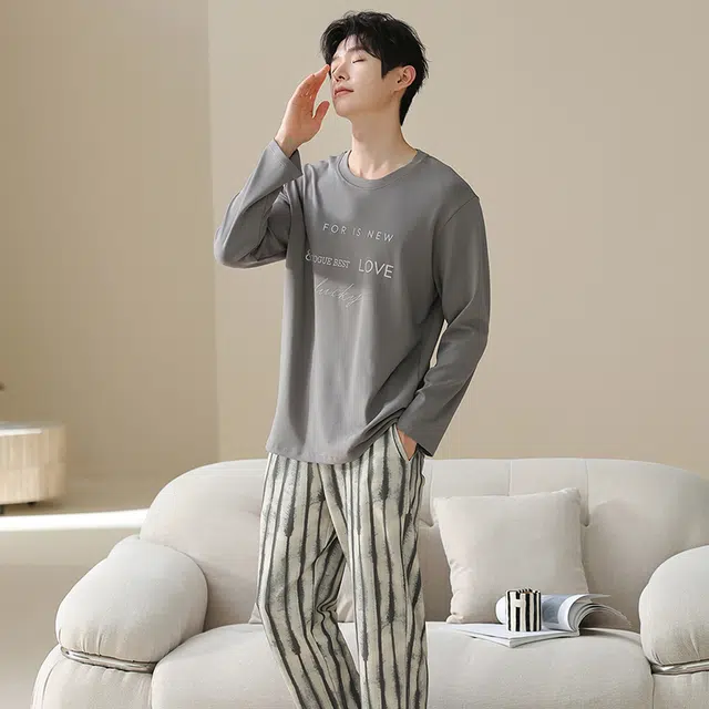 俏佳人 纯棉套头圆领休闲宽松可外穿家居服复古条纹字母柔软亲肤舒适透气长袖长裤睡衣套装 男款
