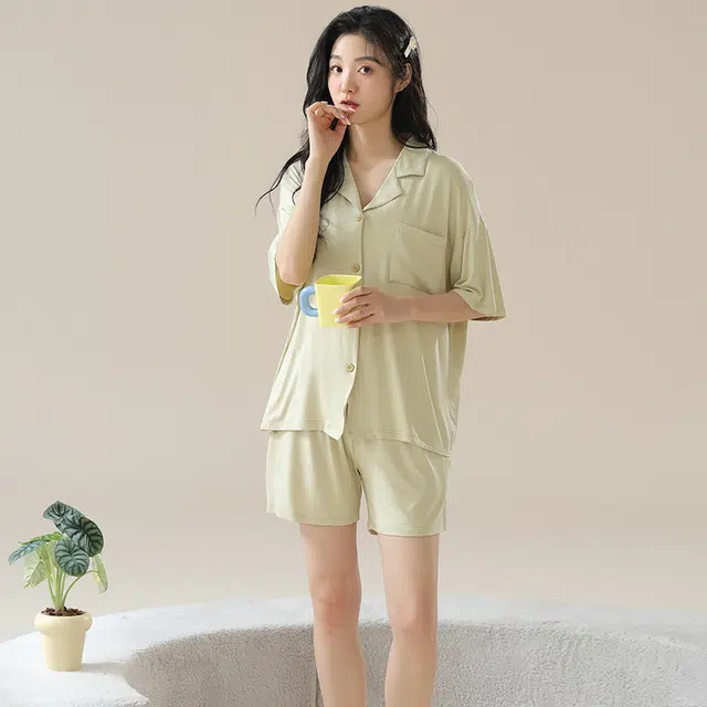 俏佳人 柔软亲肤基础休闲简约开衫慵懒短袖家居服睡衣套装 女款