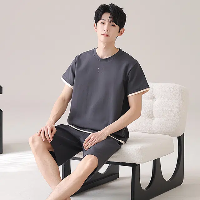俏佳人 纯棉慵懒短袖舒适透气基础家居服纯色休闲睡衣套装 男款