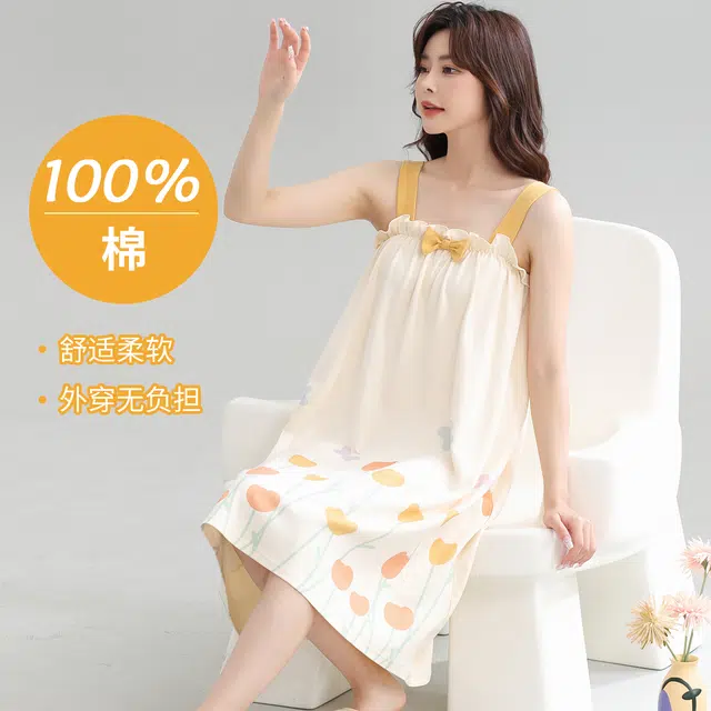 俏佳人 甜美可爱休闲宽松郁金香印花可外穿吊带无袖吊带睡裙 女款 杏色