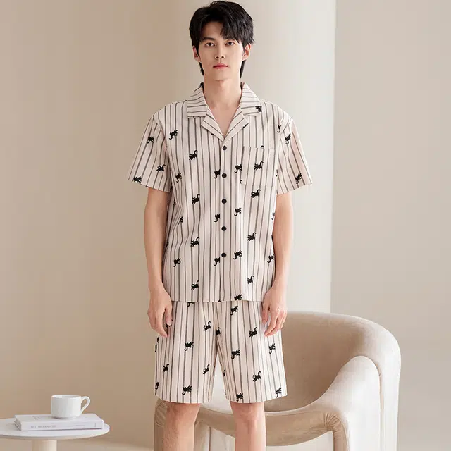 俏佳人 纯棉开衫翻领休闲舒适短袖可外穿家居服睡衣套装 男款 米白条纹