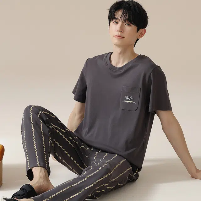 俏佳人 韩版简约柔软亲肤基础休闲短袖长裤慵懒家居服睡衣套装 男款