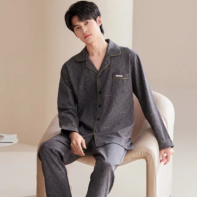 俏佳人 翻领开衫简约时尚条纹舒适透气长袖长裤家居服睡衣套装 男款 深灰色