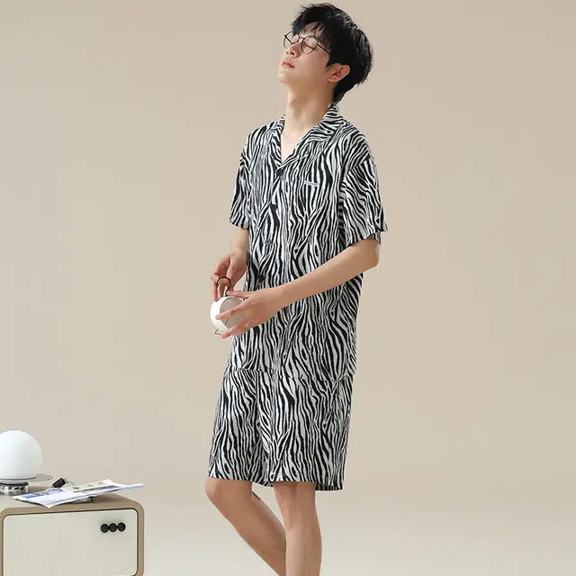 俏佳人 柔软亲肤斑马纹休闲开衫慵懒宽松短袖短裤家居服睡衣套装 男款
