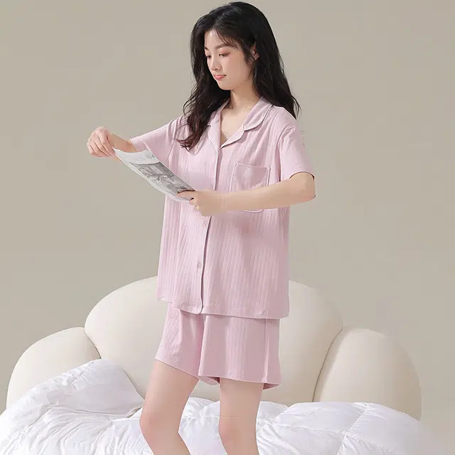俏佳人 纯色基础柔软亲肤休闲开衫慵懒宽松短袖短裤家居服睡衣套装 女款