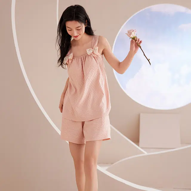 俏佳人 带胸垫纯色透气亲肤休闲无袖吊带家居服睡衣套装 女款