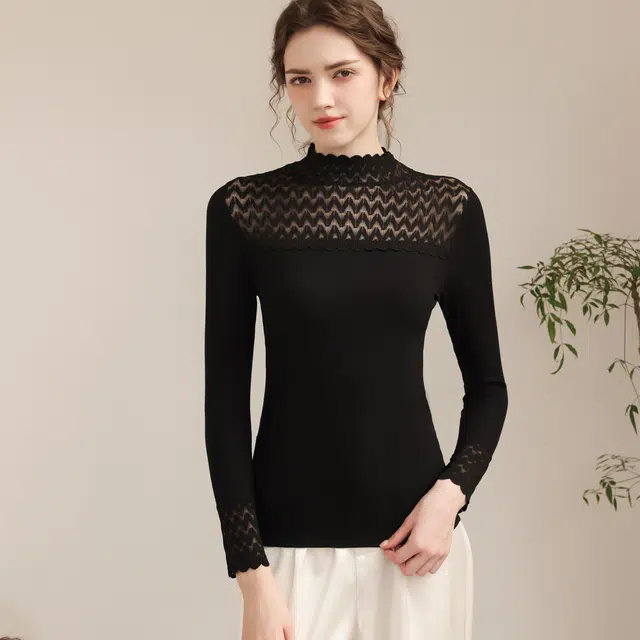 俏佳人 秋冬半高领可内外穿搭蕾丝衣领针织时尚修身保暖上衣 女款
