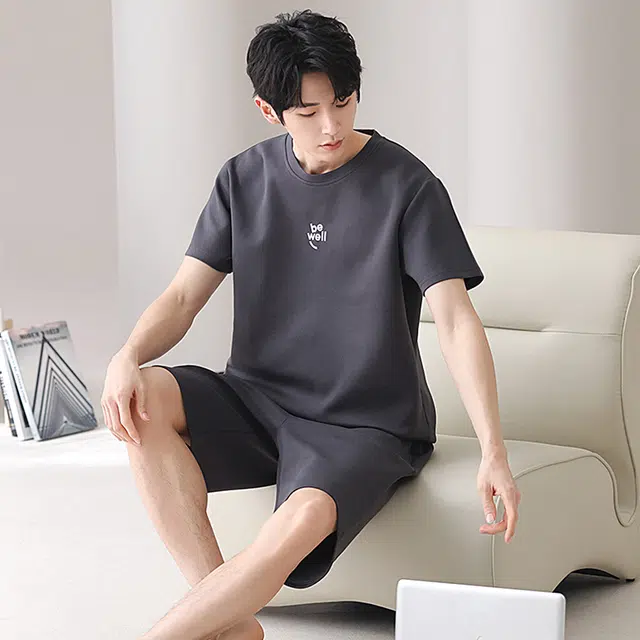 俏佳人 纯棉舒适透气基础纯色短袖家居服休闲慵懒睡衣套装 男款