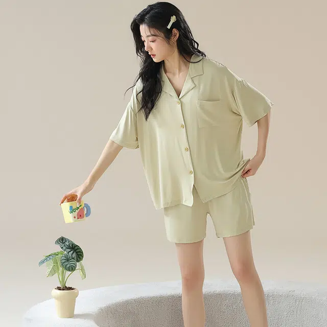 俏佳人 柔软亲肤基础休闲简约开衫慵懒短袖家居服睡衣套装 女款