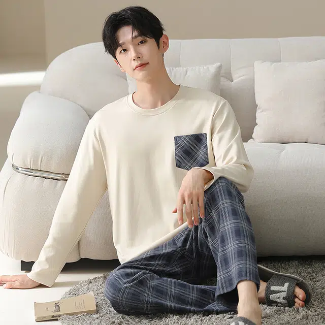 俏佳人 纯棉套头圆领休闲宽松可外穿家居服纯色格子柔软亲肤舒适透气长袖长裤睡衣套装 男款