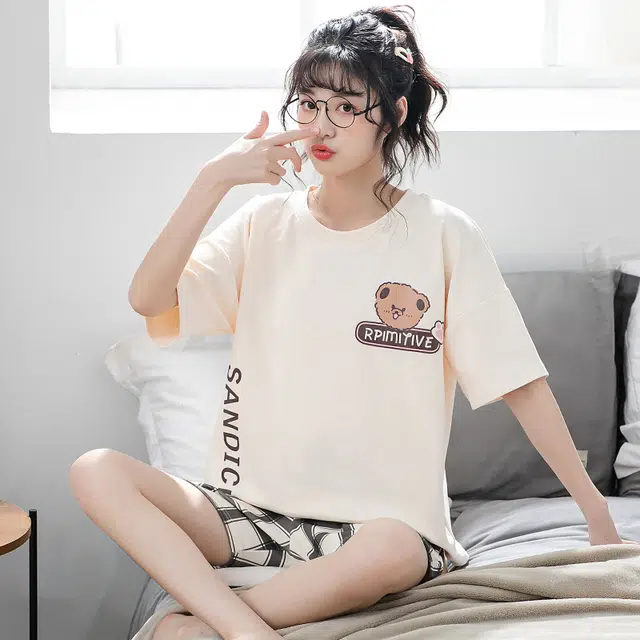 俏佳人 亲肤休闲柔软可外穿套头短袖短裤慵懒宽松家居服睡衣套装 女款