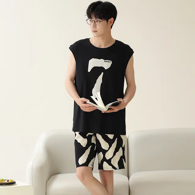 俏佳人 柔软亲肤休闲可外穿套头背心慵懒家居服睡衣套装 男款