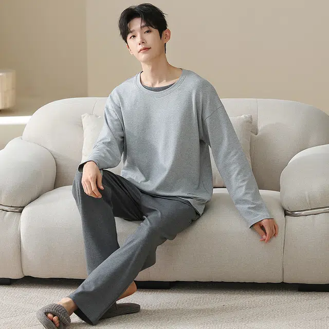 俏佳人 纯棉套头圆领休闲宽松可外穿家居服拼色柔软亲肤舒适透气长袖长裤睡衣套装 男款