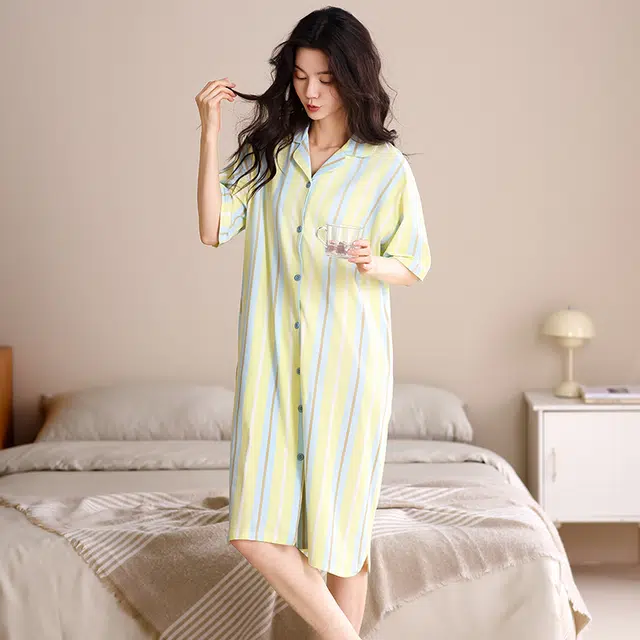 俏佳人 纯棉柔软亲肤透气基础家居服翻领休闲短袖慵懒睡裙 女款
