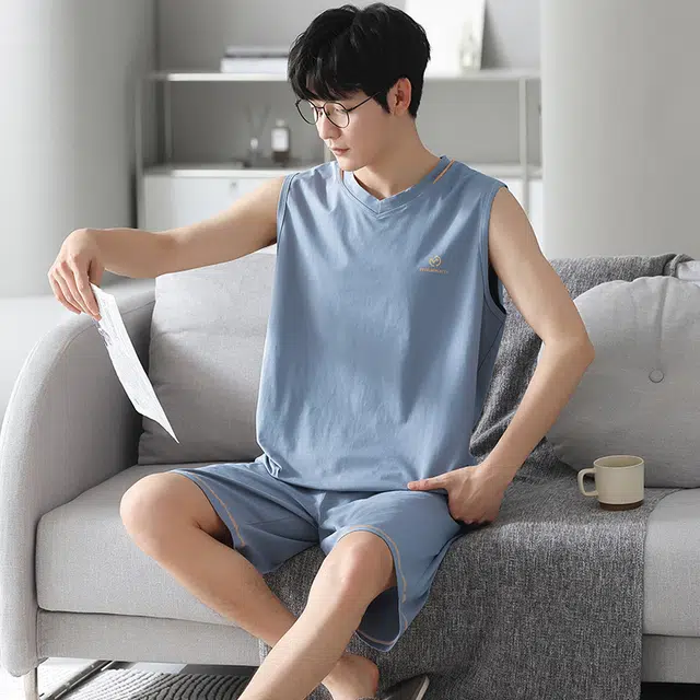 俏佳人 纯色印花柔软亲肤韩版基础休闲慵懒家居服睡衣套装 男款