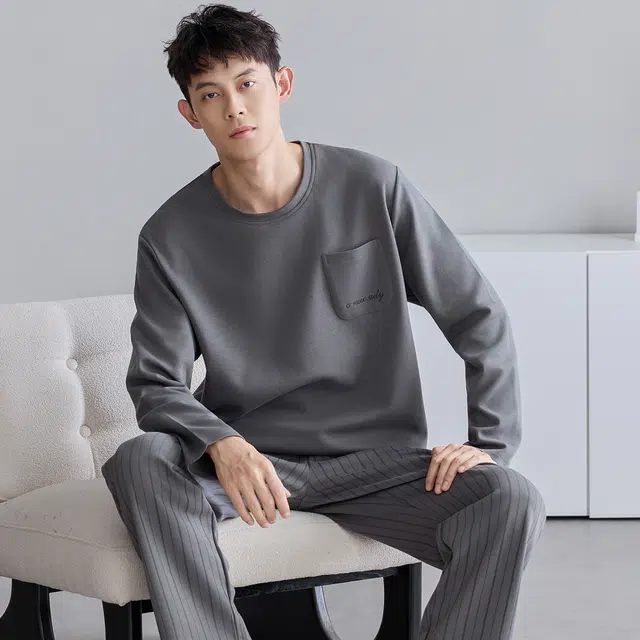 俏佳人 纯棉简约休闲纯色圆领套头条纹可外穿家居服舒适亲肤透气长袖长裤睡衣套装 男款