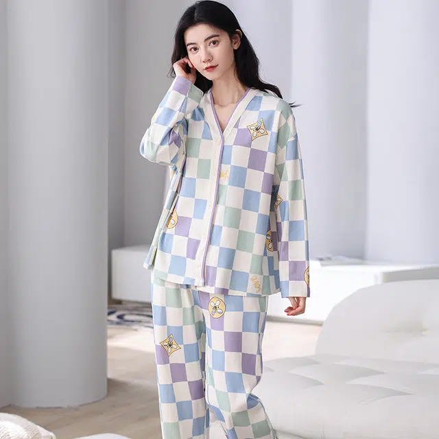 俏佳人 亲肤透气柔软舒适吸湿排汗开衫长袖长裤睡衣套装 女款 图片色
