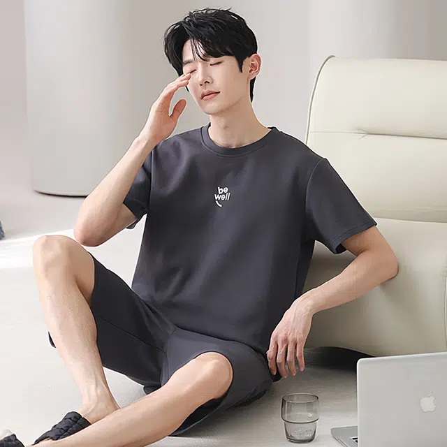 俏佳人 纯棉舒适透气基础纯色短袖家居服休闲慵懒睡衣套装 男款