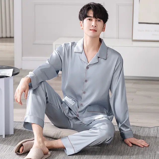 俏佳人 丝滑冰丝高级感翻领开衫纯色休闲简约家居服亲肤舒适透气长袖长裤睡衣套装 男款