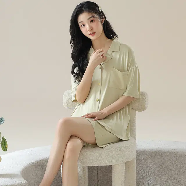 俏佳人 柔软亲肤基础休闲简约开衫慵懒短袖家居服睡衣套装 女款