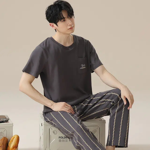 俏佳人 韩版简约柔软亲肤基础休闲短袖长裤慵懒家居服睡衣套装 男款