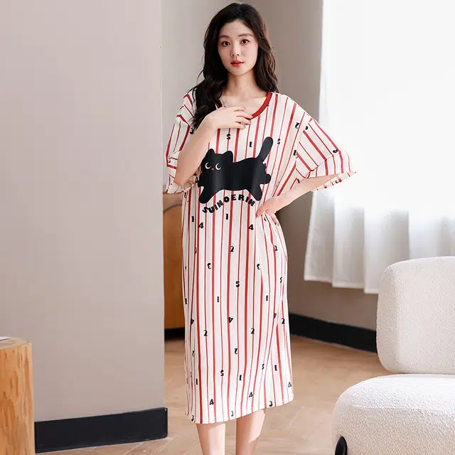 俏佳人 带胸垫舒适套头休闲慵懒风可外穿透气短袖家居服垂感亲肤睡裙 女款