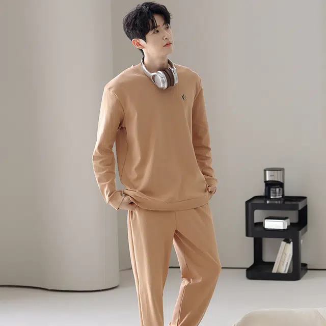 俏佳人 纯棉圆领套头休闲宽松柔软舒适可外穿长袖长裤家居服睡衣套装 男款