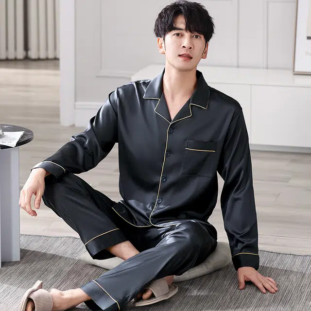 俏佳人 丝滑冰丝高级感开衫翻领简约休闲纯色家居服亲肤舒适透气长袖长裤睡衣套装 男款