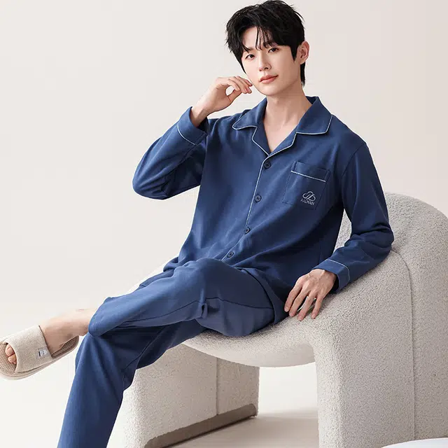 俏佳人 翻领开衫简约时尚舒适透气长袖长裤纯色家居服睡衣套装 男款 宝蓝色