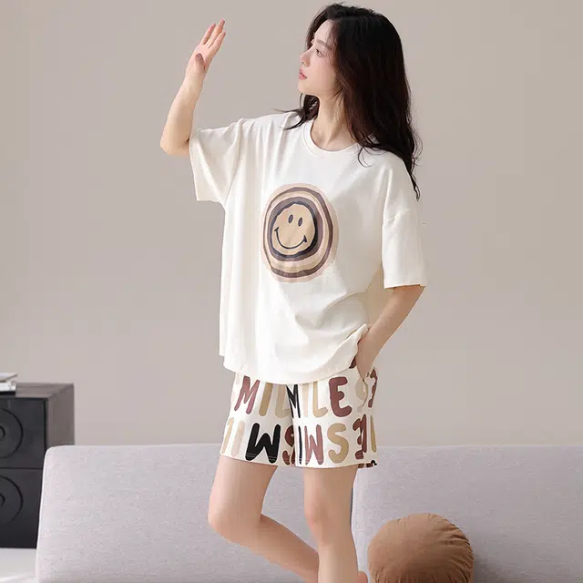 俏佳人 纯棉套头舒适透气短袖家居服柔软亲肤休闲慵懒睡衣套装 女款