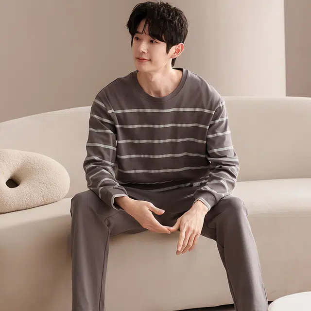 俏佳人 纯棉圆领套头基础条纹休闲宽松柔软舒适可外穿长袖长裤家居服睡衣套装 男款