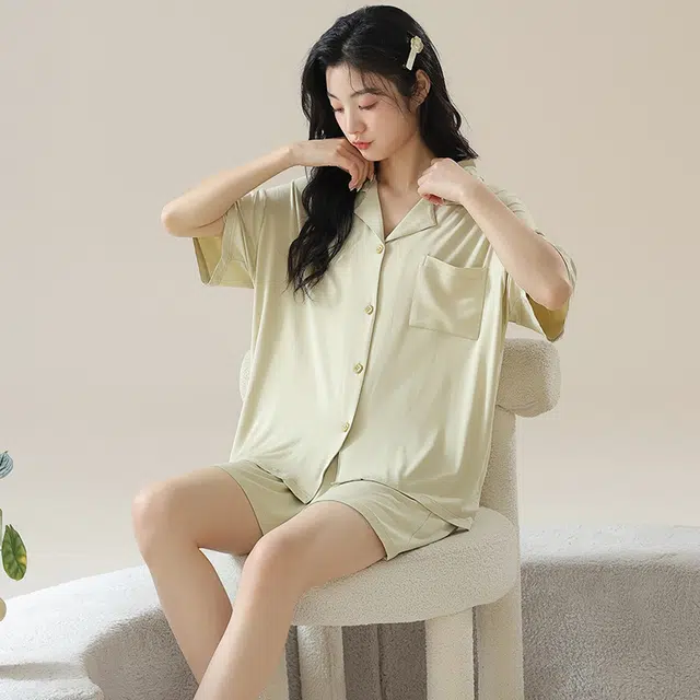 俏佳人 柔软亲肤基础休闲简约开衫慵懒短袖家居服睡衣套装 女款