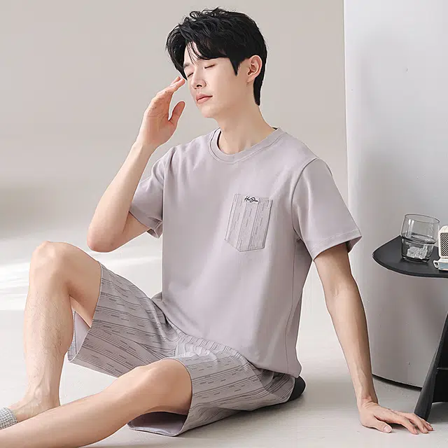俏佳人 纯棉舒适透气休闲慵懒短袖家居服基础纯色睡衣套装 男款