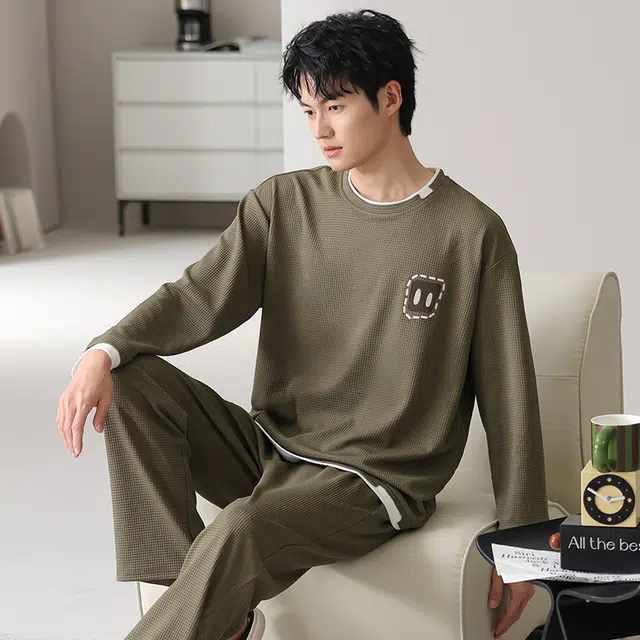 俏佳人 华夫格纯棉重磅简约宽松休闲可外穿圆领套头柔软舒适透气家居服长袖长裤睡衣套装 男款