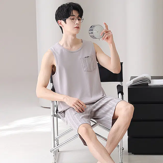 俏佳人 纯棉舒适透气慵懒休闲背心家居服睡衣套装 男款