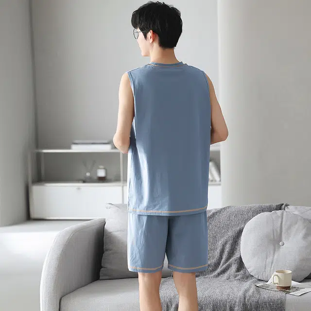 俏佳人 纯色印花柔软亲肤韩版基础休闲慵懒家居服睡衣套装 男款