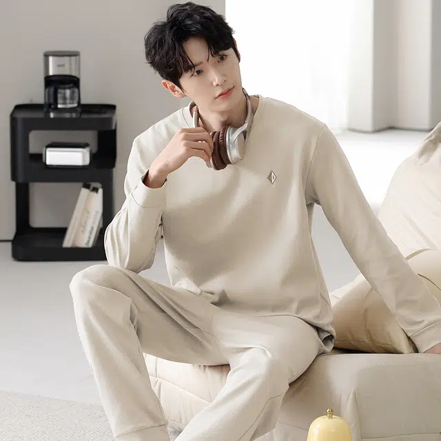 俏佳人 纯棉圆领套头简约休闲宽松柔软舒适可外穿长袖长裤家居服睡衣套装 男款