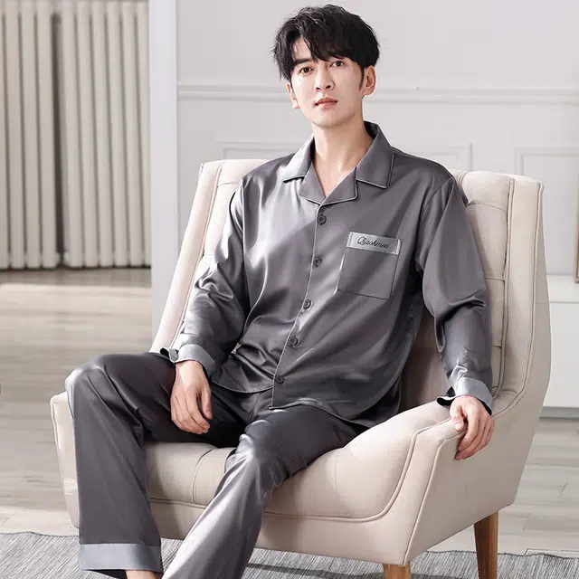 俏佳人 丝滑冰丝高级感开衫翻领简约纯色休闲亲肤舒适透气家居服长袖长裤睡衣套装 男款