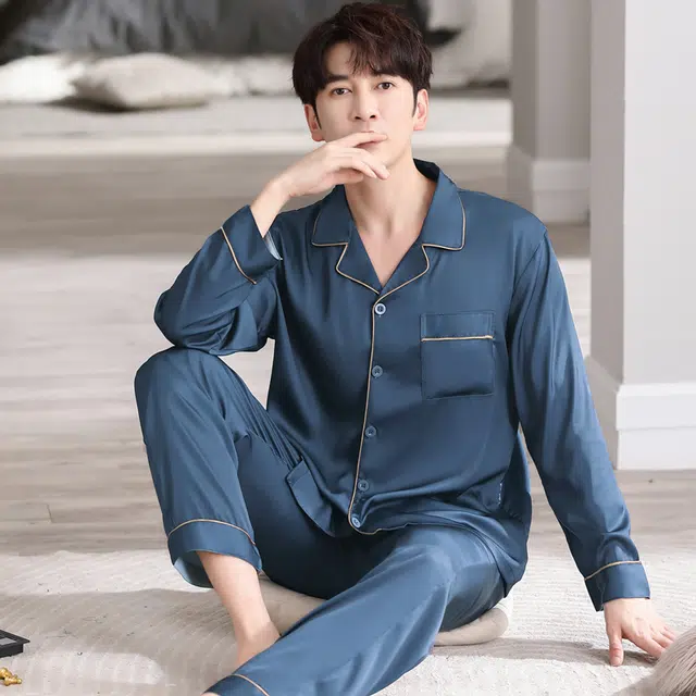 俏佳人 丝滑冰丝高级感翻领开衫纯色简约休闲亲肤舒适透气家居服长袖长裤睡衣套装 男款