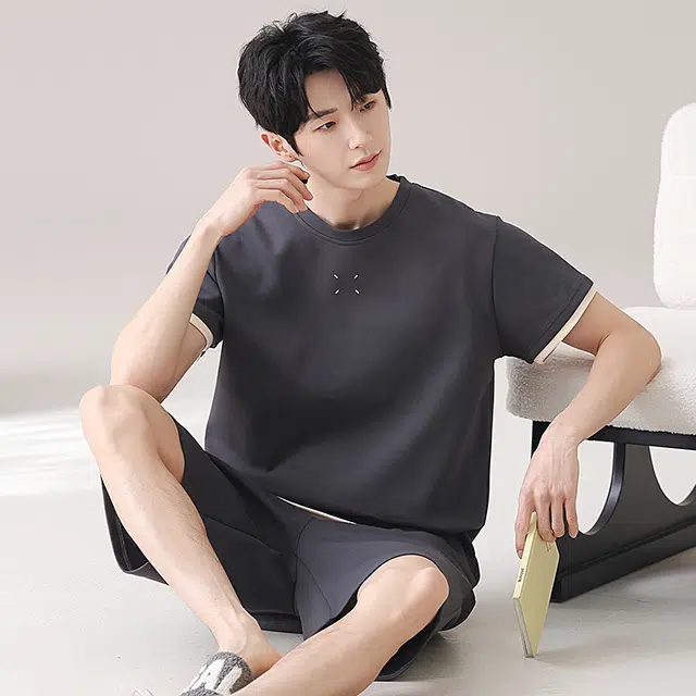 俏佳人 纯棉慵懒短袖舒适透气基础家居服纯色休闲睡衣套装 男款